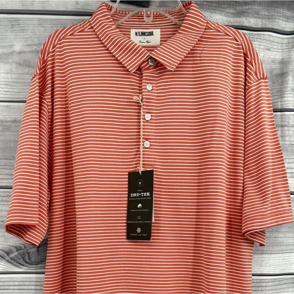 LINKSOUL TEMPUS FUGIT DRY TEK GOLF POLO SHIRT Men's Size Large PAPAYA STRIPE